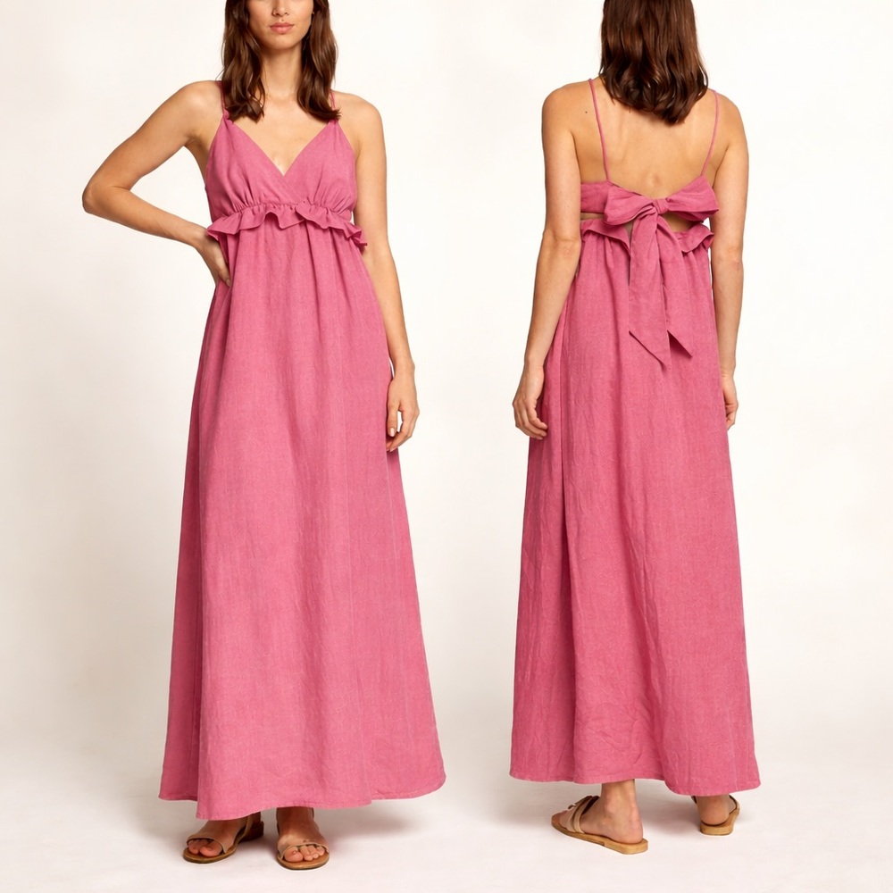 Motivi Linen Blend Maxi Dress Empire Waist Bow Back Pink Coquette Cottagecore 6